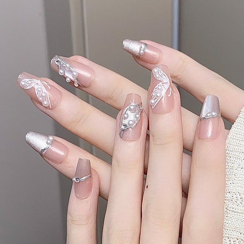 Beige Jelly top and silver design press on nail set