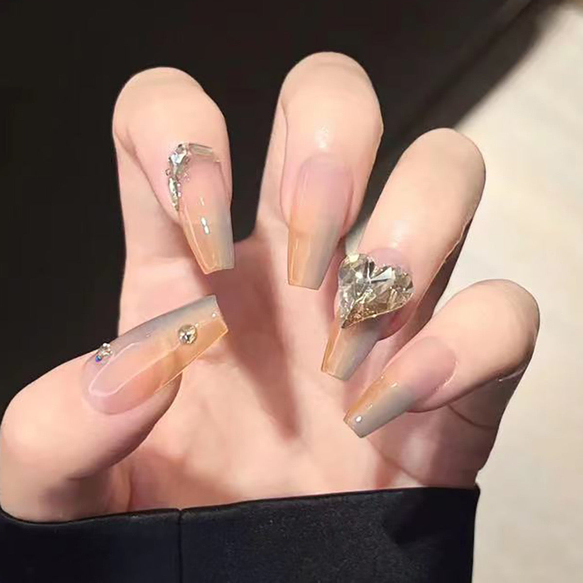 Glamorous Gala Extra Long Coffin Beige Press-On Nails with Gold Glitte –  RainyRoses