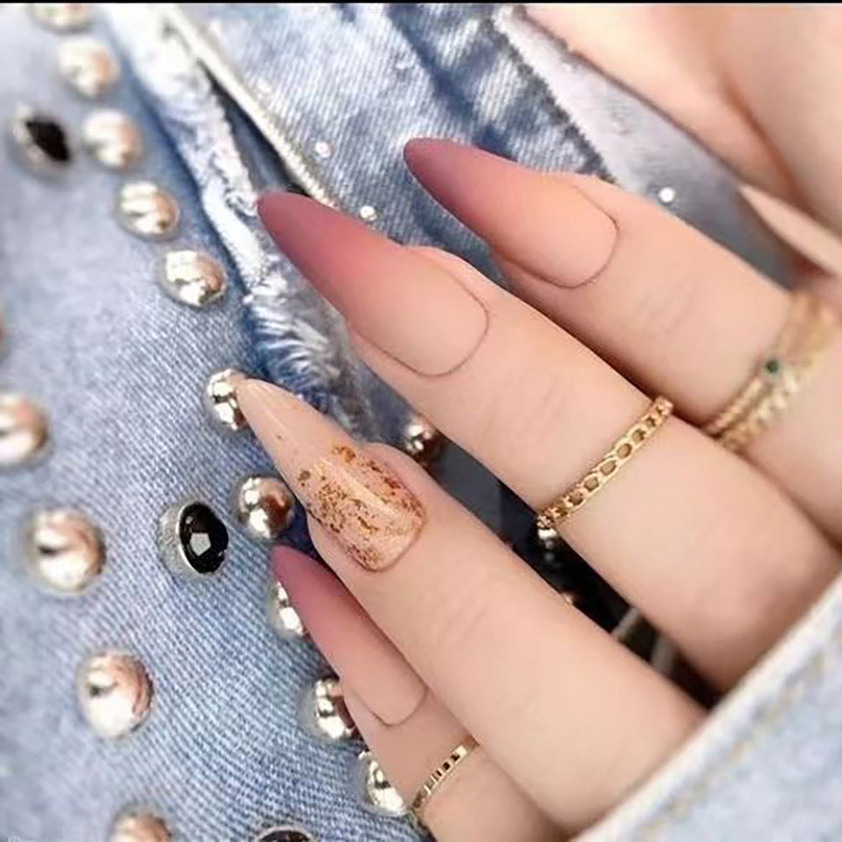 Chic Long Stiletto Beige Press-On Nails with Sparkling Gold