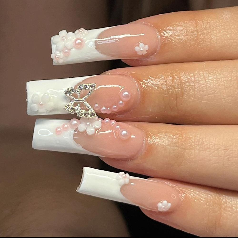 Music Cue Long Square White Pearls Press On Nails – RainyRoses