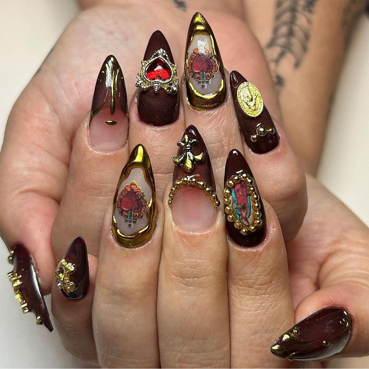 Burgundy and Gold Nails Press On 