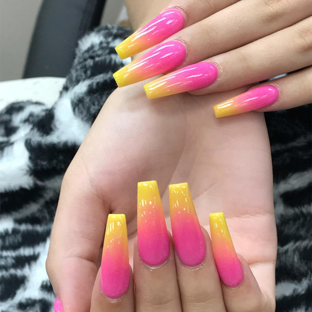 Pink & Yellow Ombre Hard Gel Press 2024 On Nails, Apres Press Ons, Summer Nails