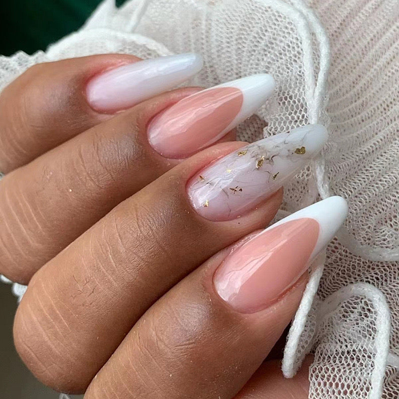Objective Medium Almond White Glitter Press On Nails – RainyRoses