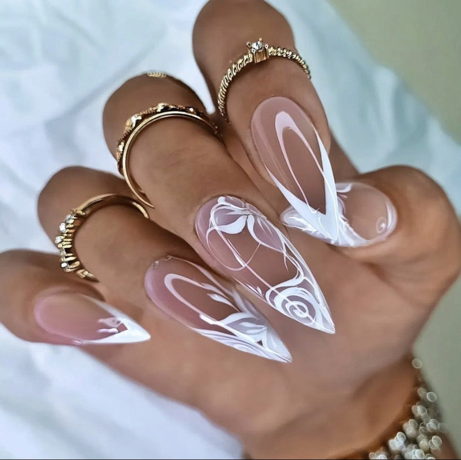 Bizarre Dream Long Stiletto White Abstract Press On Nails – RainyRoses