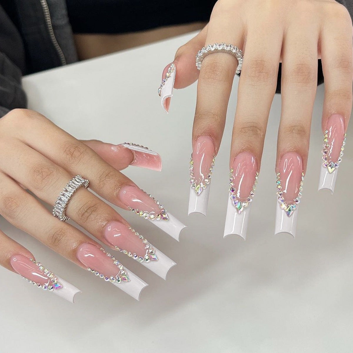 Glitzy Gala Long Coffin Pink to White Ombre Press On Nails with Rhines –  RainyRoses