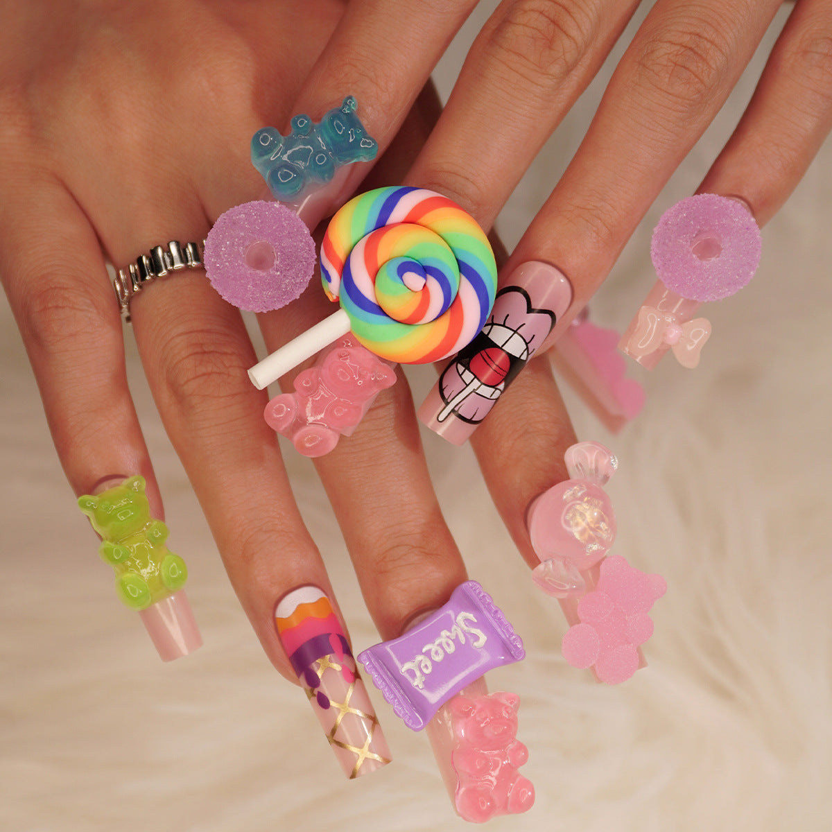 Sweet Treats Long Square Multicolor Press On Nails with Candy Charms a –  RainyRoses