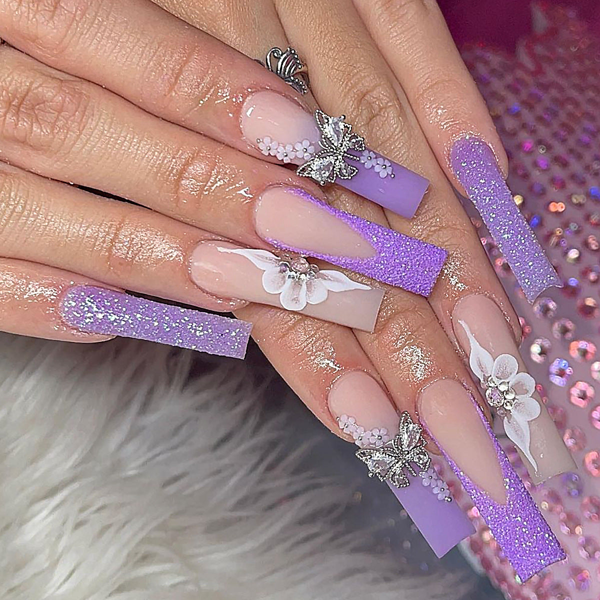 Enchanted Lavender Extra Long Square Press-On Nails with Glitter Gradient  and 3D Flower Embellishments