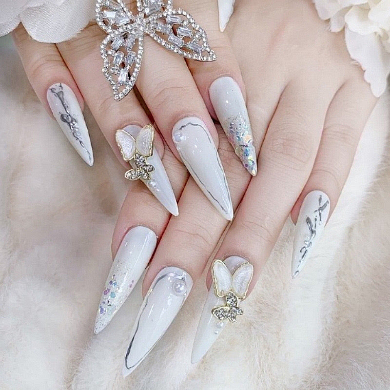 Objective Medium Almond White Glitter Press On Nails – RainyRoses