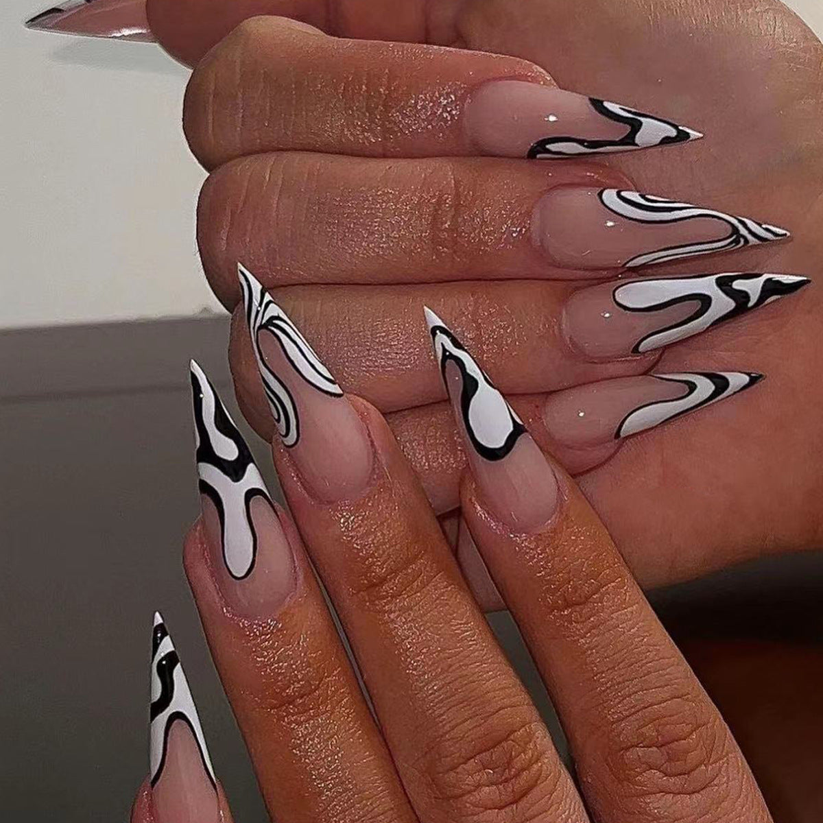 Sharp And Smart Long Stiletto White Marble Press On Nails