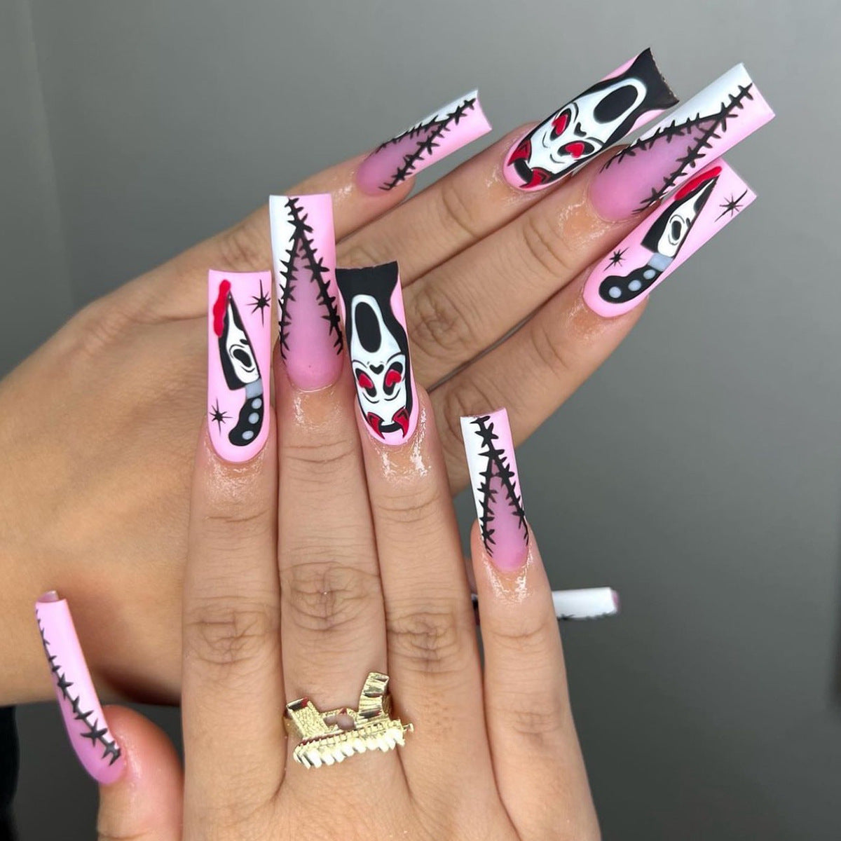 Who Are You Long Coffin Pink Halloween Press On Nails – RainyRoses