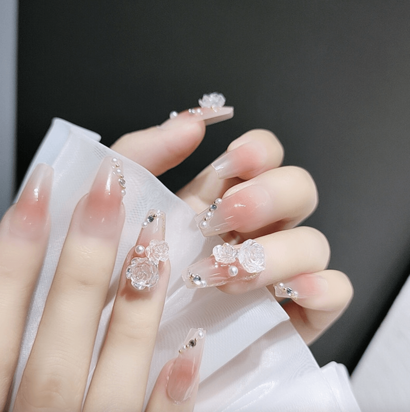 Flower Press on Nails Short Pink Cherry Blossoms Fake Nails French