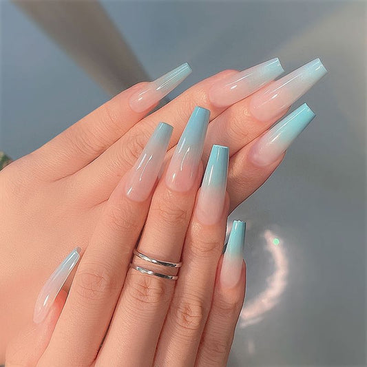 Ombre Skies Medium Coffin Blue Glossy Press On Nails