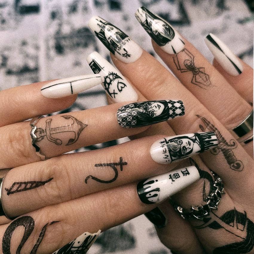 Anime Fanime Long Coffin Black and White Artistic Press On Nails