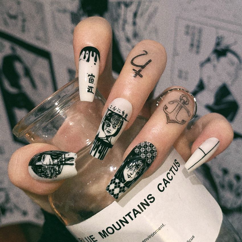 Anime Fanime Long Coffin Black and White Artistic Press On Nails