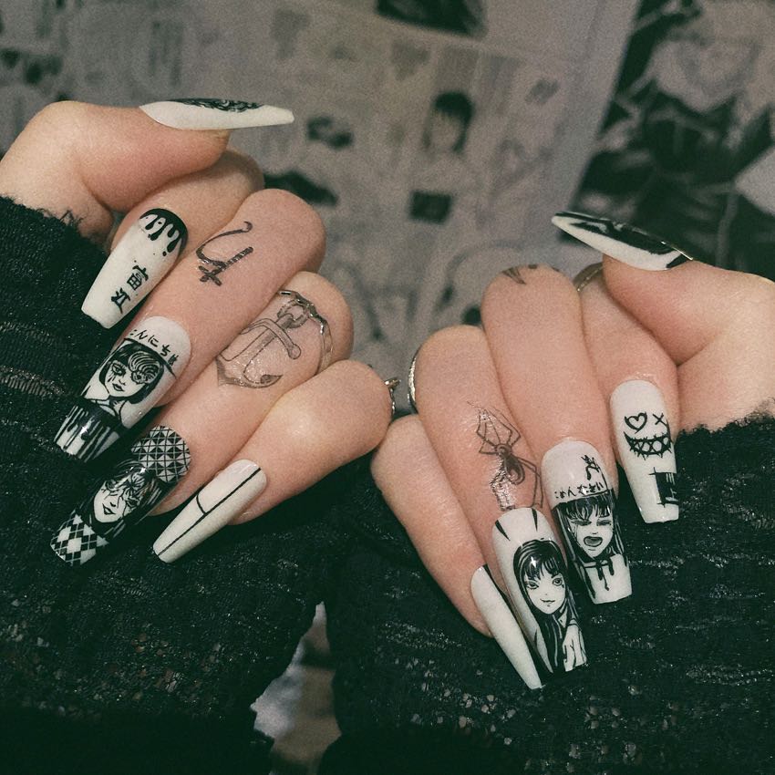 Anime Fanime Long Coffin Black and White Artistic Press On Nails