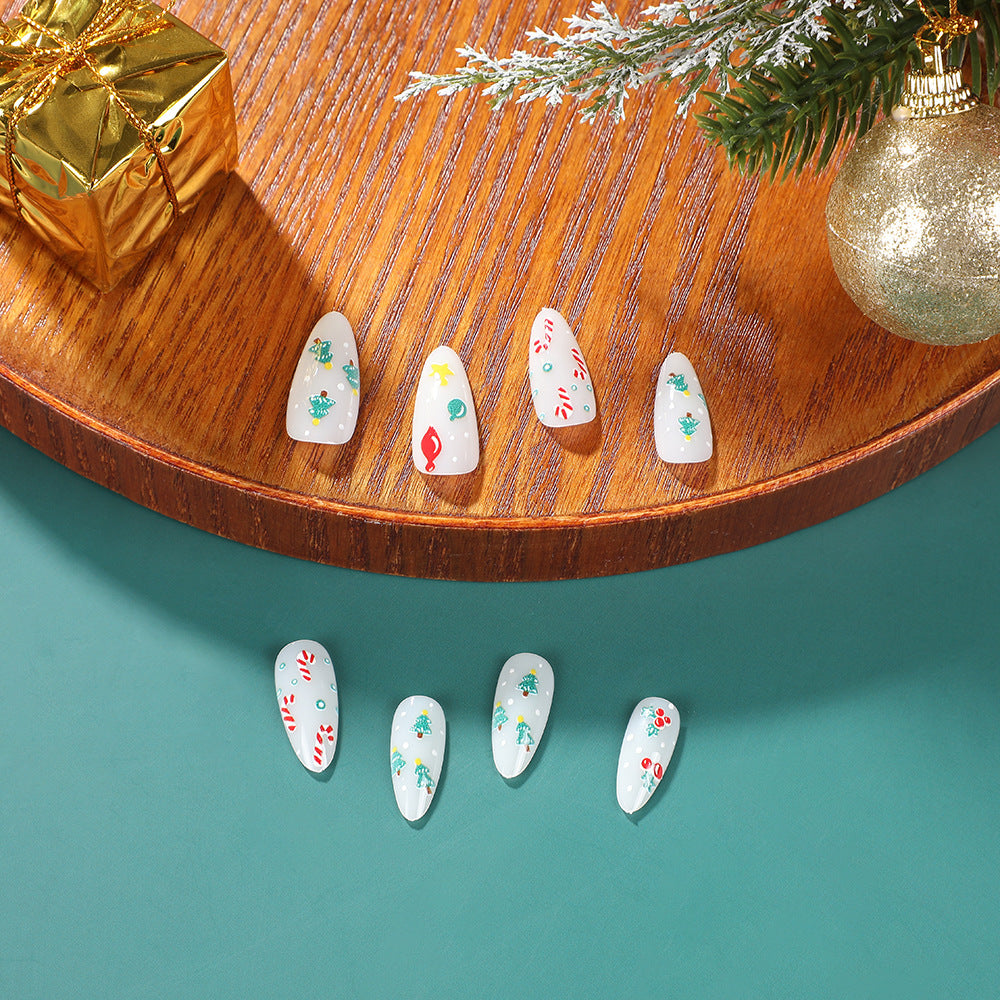 Festive Wonderland Long Almond White Press On Nail Set with Holiday Designs