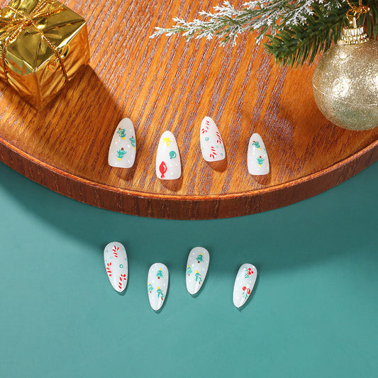 Festive Wonderland Long Almond White Press On Nail Set with Holiday Designs