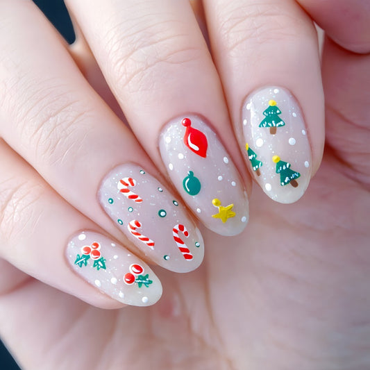 Festive Joy Long Almond Clear Glitter Press On Nail Set with Christmas Icons