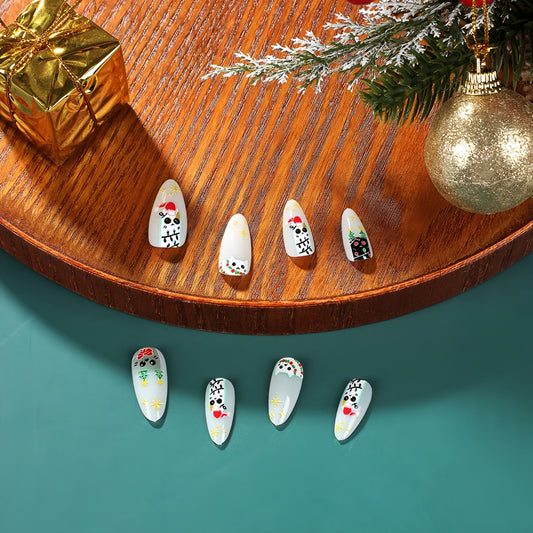 Holiday Wonderland Long Almond White Press On Nail Set with Festive Hand-Painted Designs