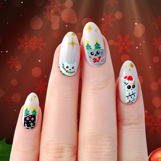 Festive Winter Wonderland Long Almond Shaped Gray Cat and Holiday Character Press On Nail Set with Glitter Accents