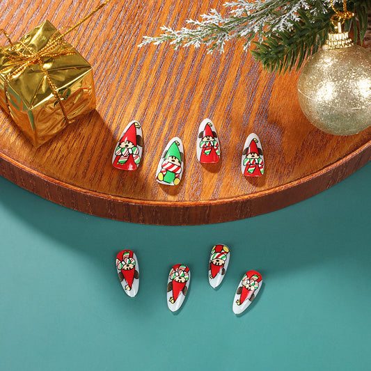 Festive Holiday Charm Long Almond Red Green and White Press On Nail Set with Cute Santa and Elf Designs