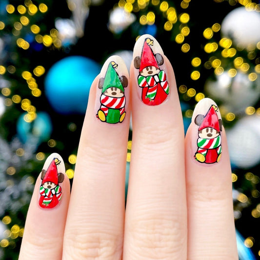 Festive Gnome Holiday Press On Nail Set Long Almond Red Green Multi-Character Design