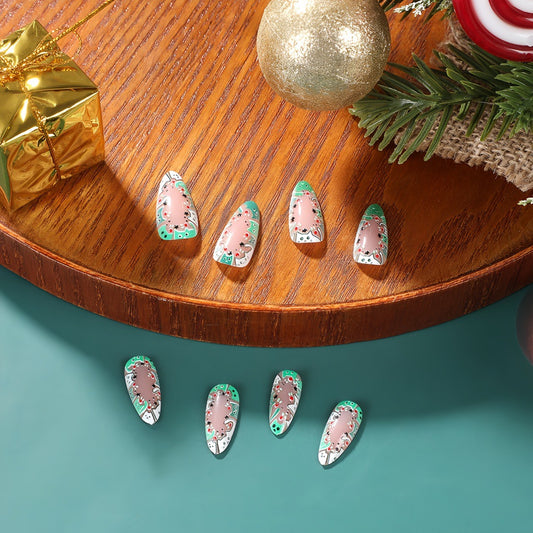 Holiday Cheer Long Almond Green and Pink Christmas Themed Press On Nail Set with Festive Design