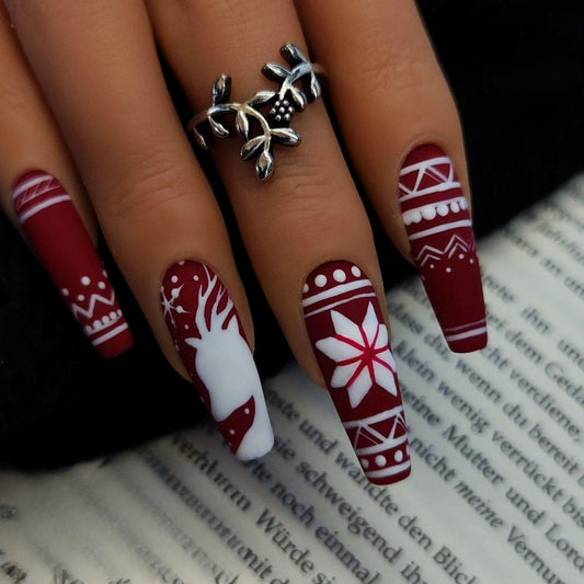 Winter Wonderland Extra Long Coffin Red and White Graphic Press On Nail Set with Holiday Designs