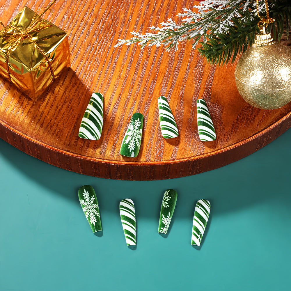 Winter Wonderland Long Coffin Press On Nail Set Green with Snowflake and Stripe Design