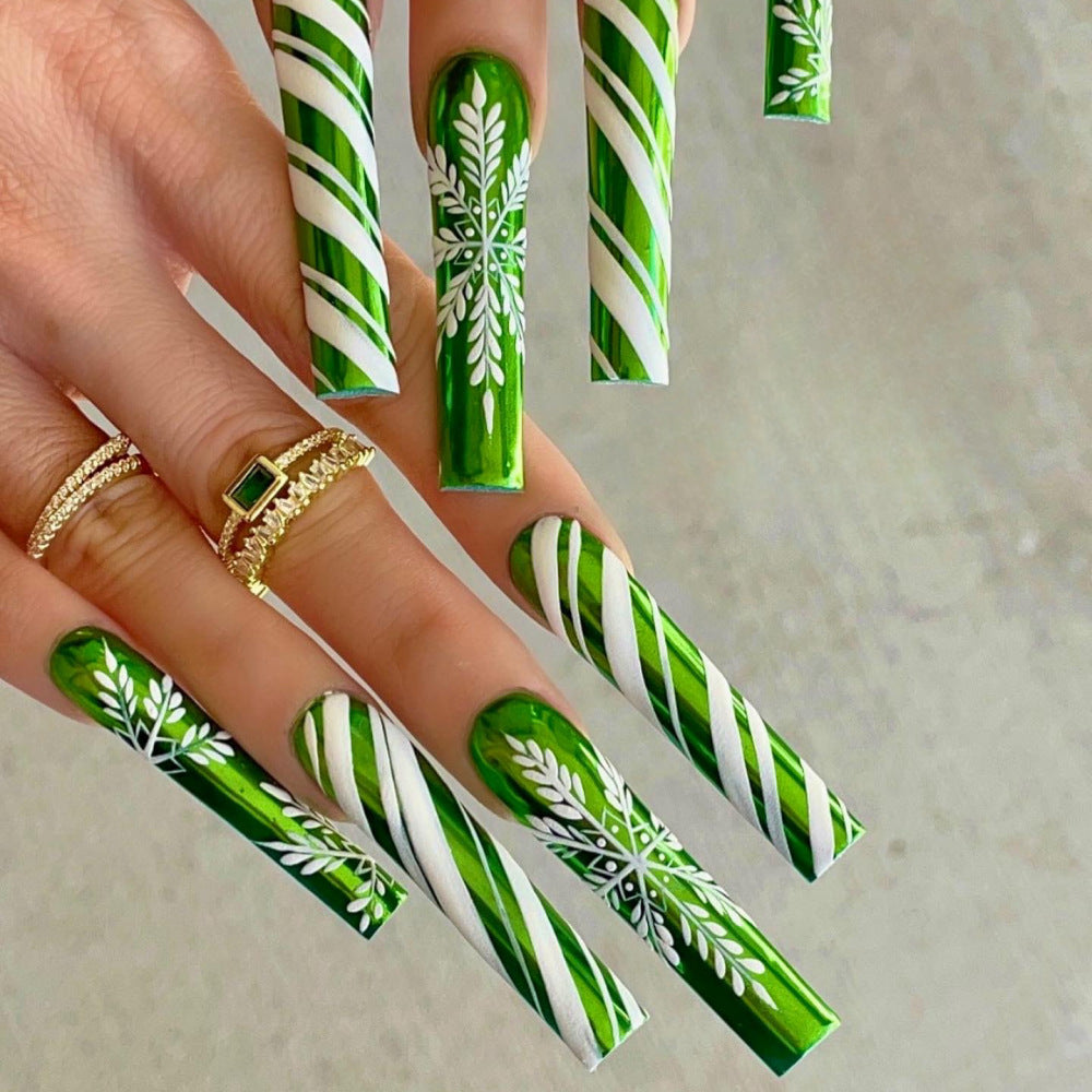 Winter Wonderland Long Green Square Press On Nail Set with Candy Cane Stripes and Snowflake Design