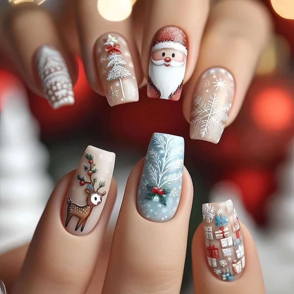 Festive Winter Wonderland Long Square Light Beige with Whimsical Holiday Designs Press On Nail Set