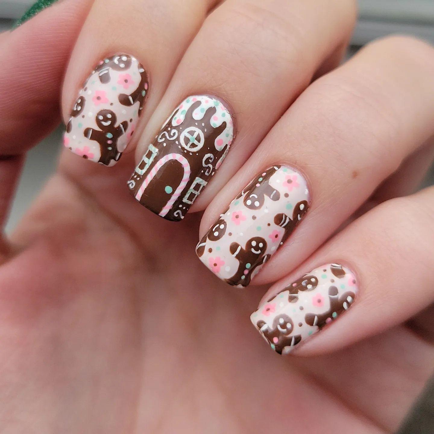 Gingerbread Dream Short Square Brown Pink Floral Nail Set with Whimsical Design