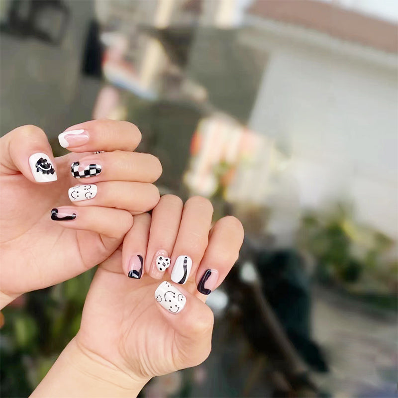 Chic Panda Paradise Medium-Length Square-Shaped Black and White Press On Nails with Adorable Panda Accent Designs