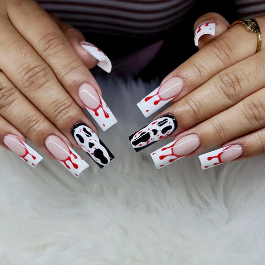 Spooky Halloween Inspired Long Square Press On Nails in Red White and Black with Dripping Blood Design