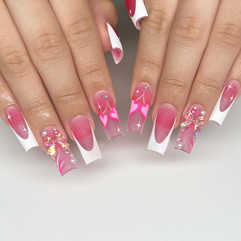 Romantic Love Theme Long Square Pink Ombre Press On Nail Set with Hearts and Bows