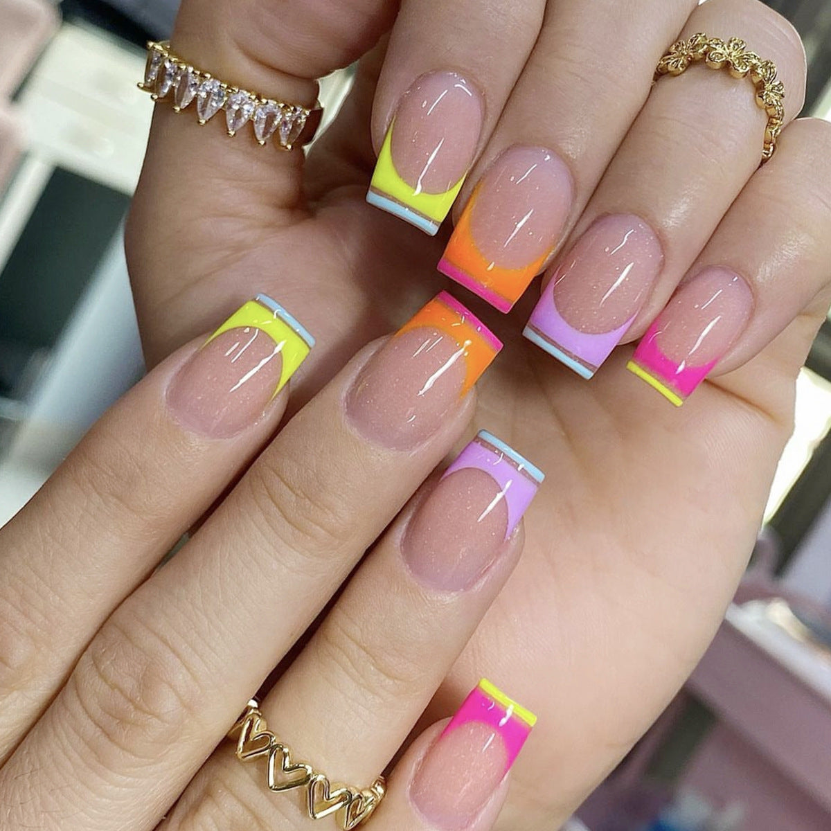 Neon Summer Vibes Medium Square Press On Nail Set Colorful Gradient Design with Funky French Tips