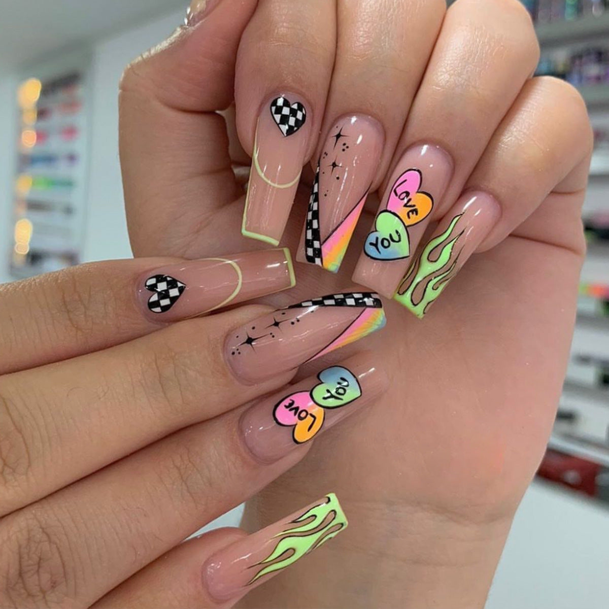 Retro Vibes Long Coffin Shaped Multicolor Press On Nail Set with Loving Heart and Flame Designs