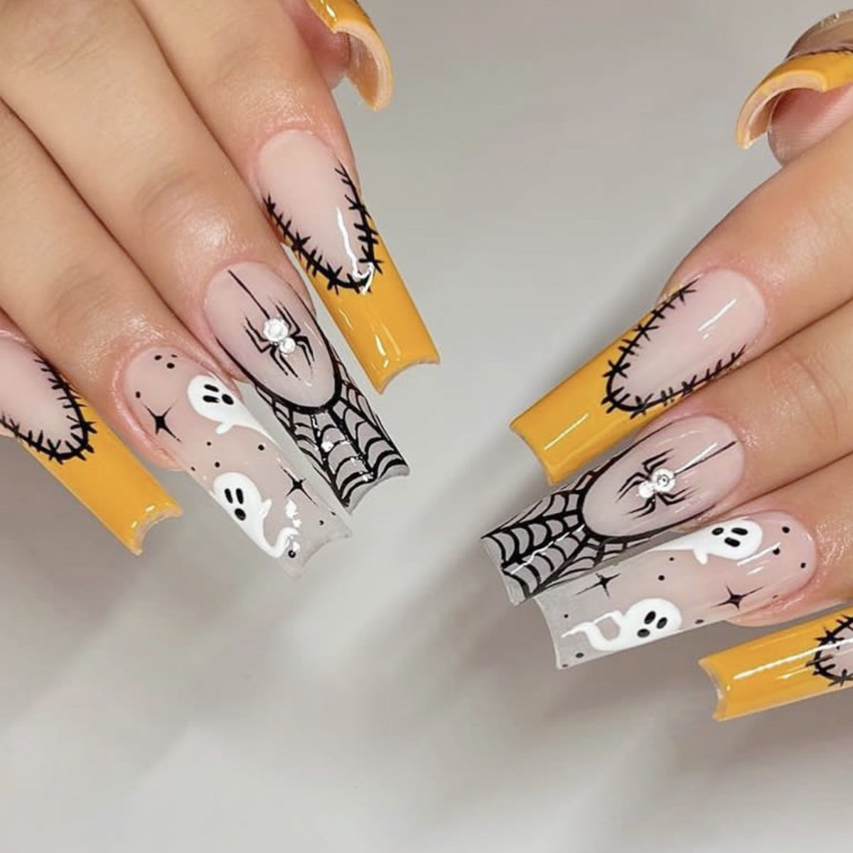 Halloween Themed Long Square Press On Nail Set in Yellow and Transparent with Spooky Ghosts and Spider Web Designs