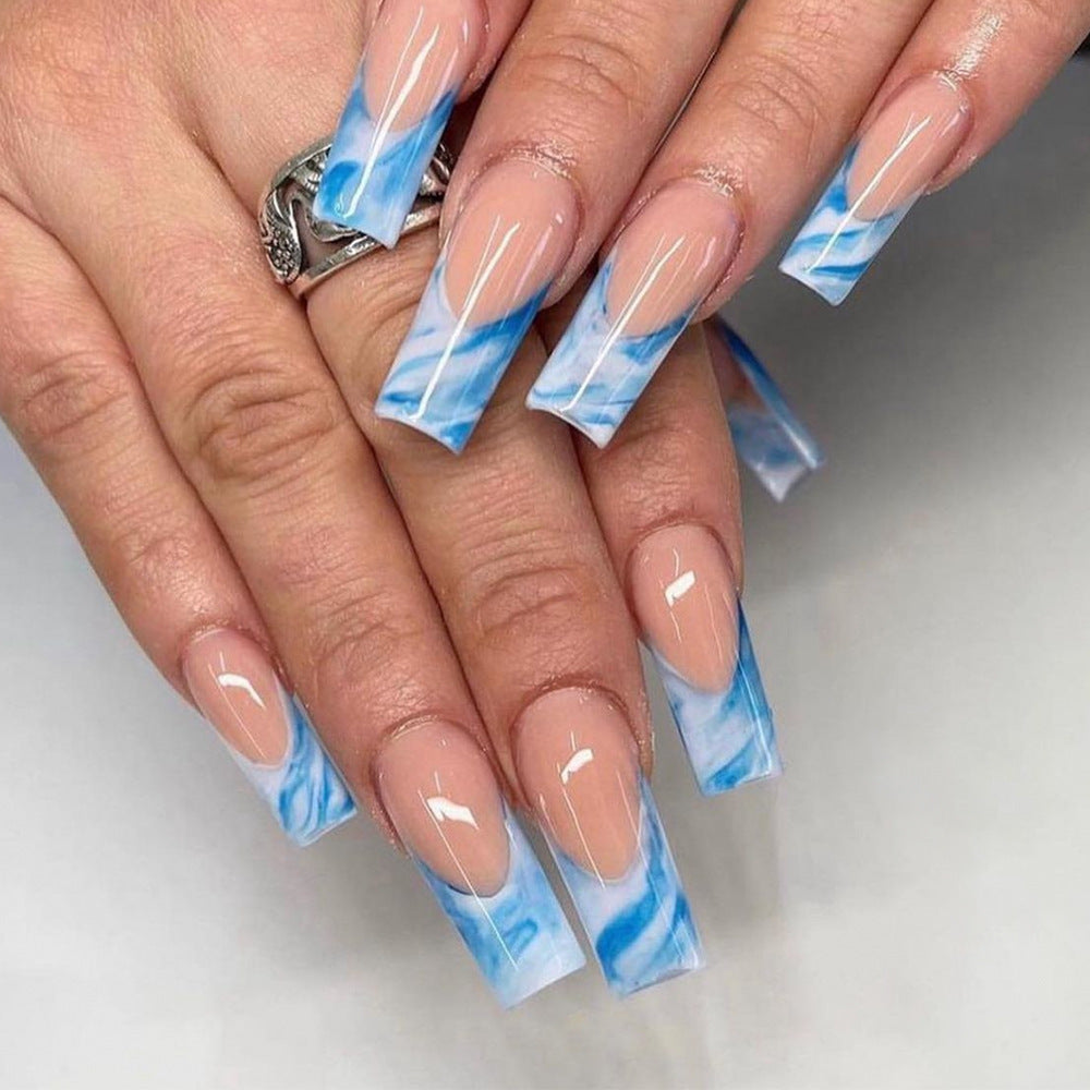 Ocean Breeze Long Square Press On Nail Set Aqua Blue Marble Design for Effortless Style