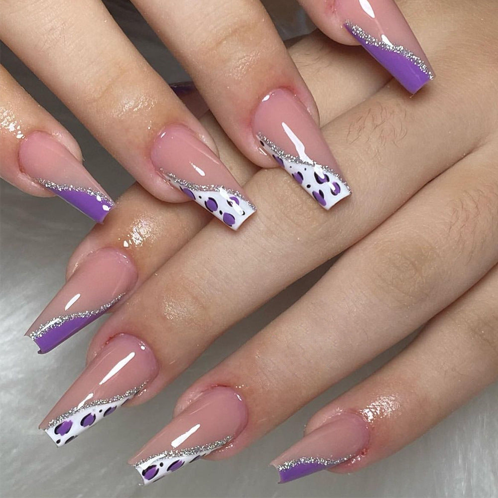 Glamorous Purple Wildcat Long Coffin Press On Nail Set with Sparkling Silver Accents