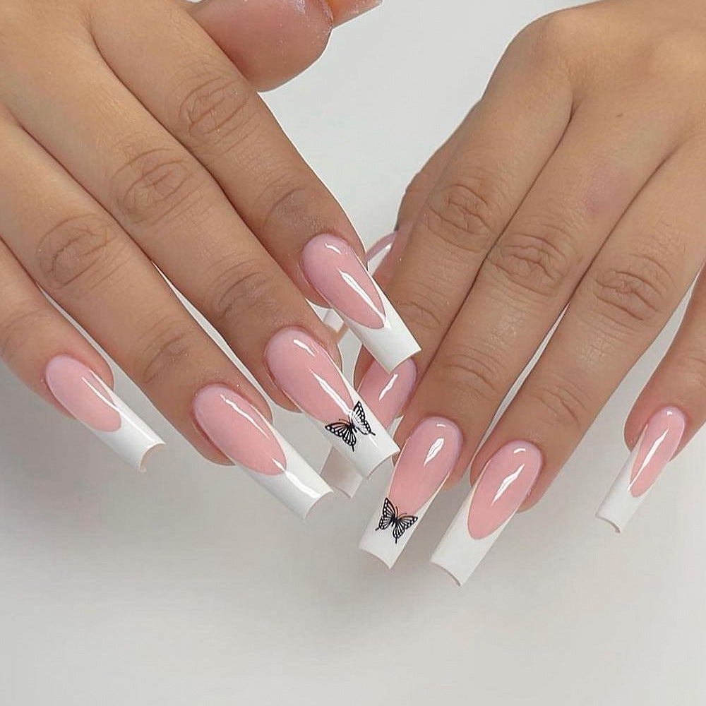 Butterfly Bliss Long Square Pink and White Press On Nail Set with Elegant Butterfly Designs