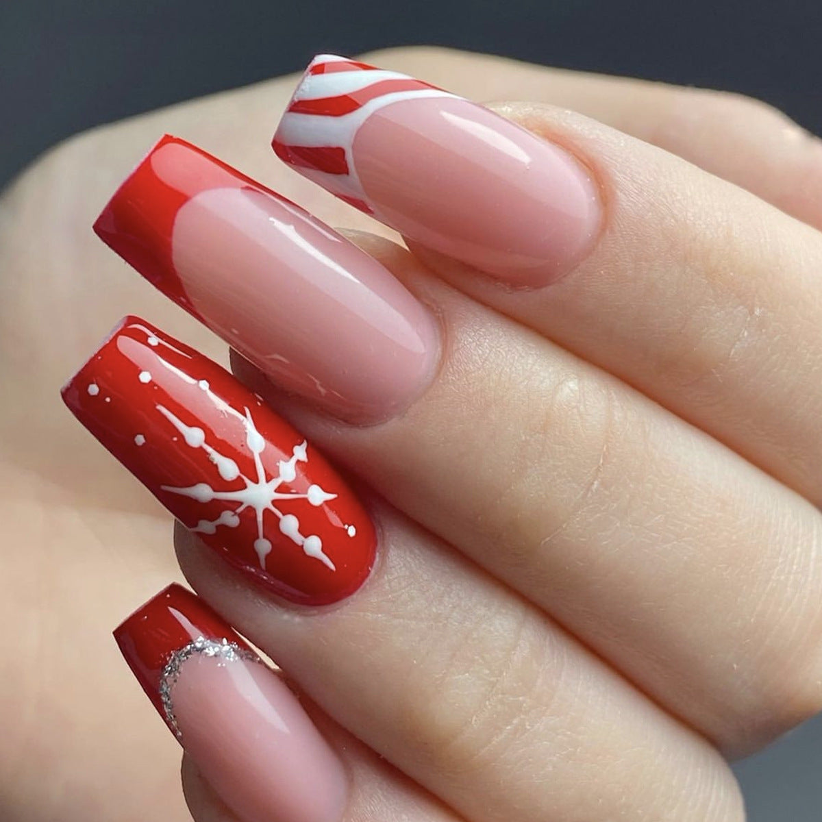 Winter Wonderland Long Square Red and Pink Press On Nail Set with Snowflake and Candy Cane Designs