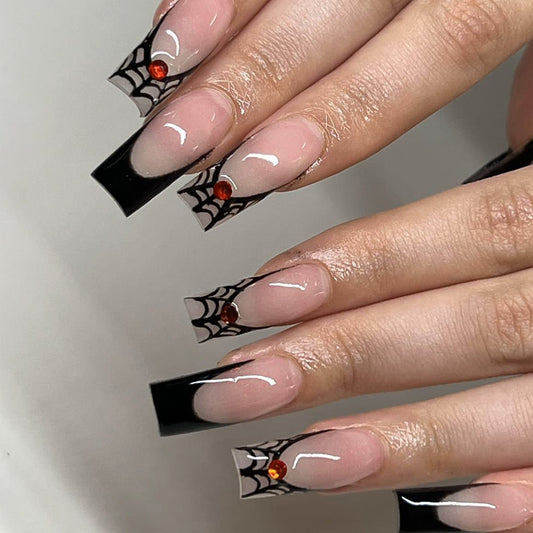 Halloween Glam Long Square Press On Nails in Black and Clear with Spider Web Design and Sparkling Gems