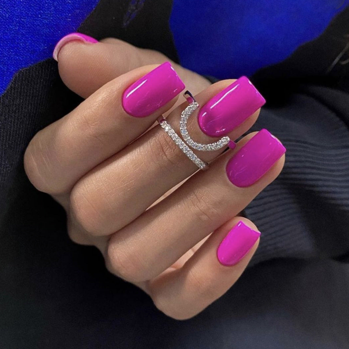 Glamorous Pink Square Press On Nails Medium Glossy Color with Rhinestone Accent