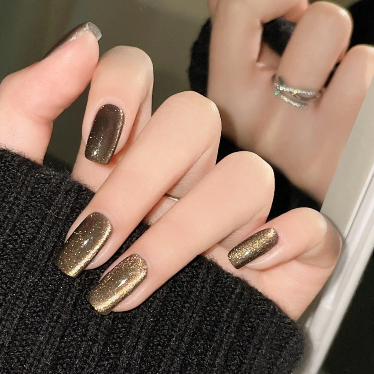 Glamorous Evening Elegance Long Square Dark Brown and Gold Glitter Press On Nail Set