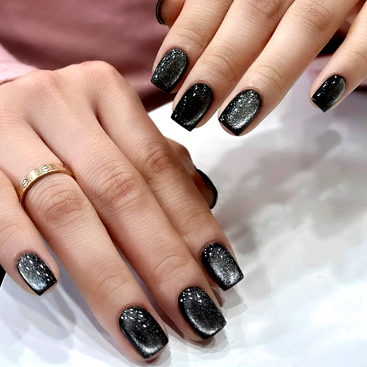 Glamorous Night Sky Medium Square Black Glitter Press On Nail Set