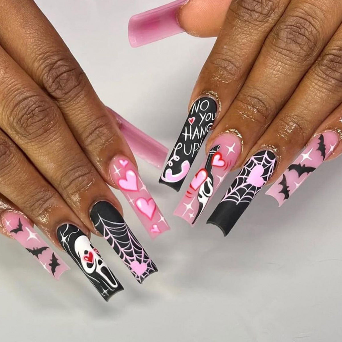 Spooky Romance Long Square Pink Black Nail Set with Unique Halloween Designs