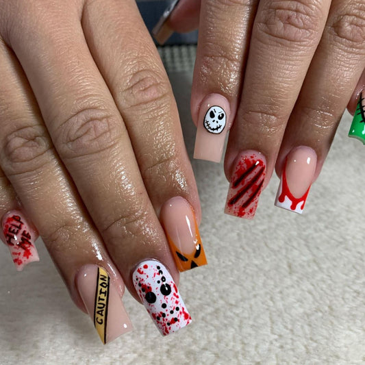 Spooky Halloween Press On Nail Set Long Square Orange Red White with Creepy Designs and Scary Accents