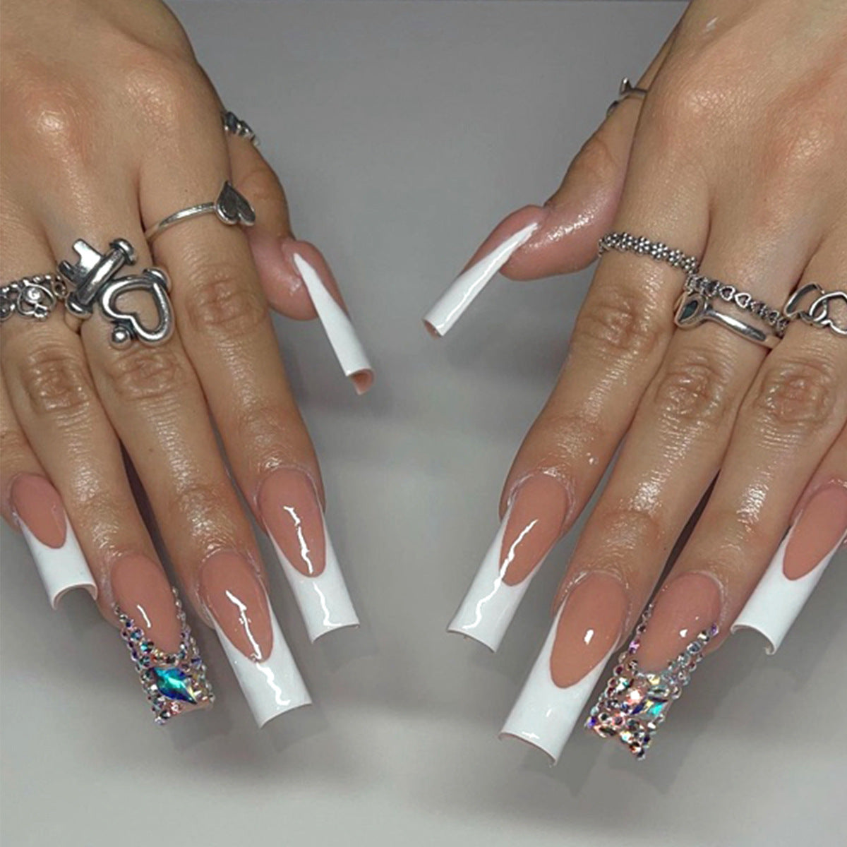 Glamorous Elegance Long Square Press On Nail Set in Chic White with Dazzling Crystal Accent