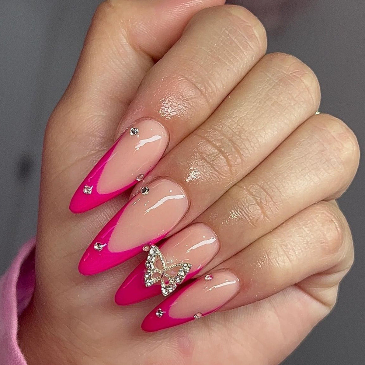 Butterfly Bliss Long Almond Pink Ombre Press On Nail Set with Rhinestone Accents